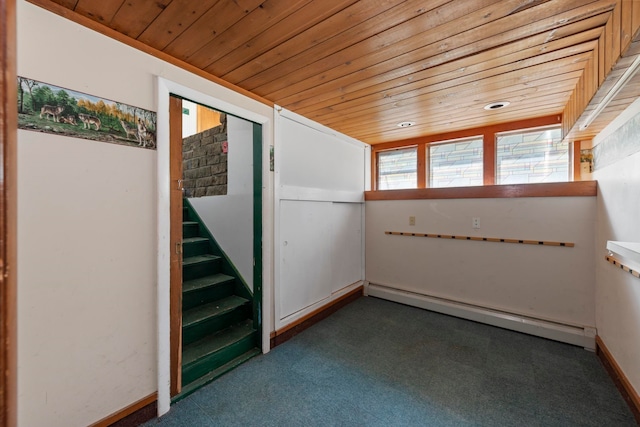 carpeted empty room with wood ceiling and baseboard heating