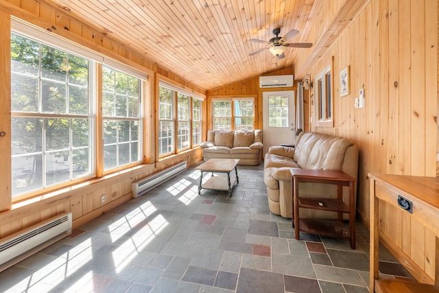 sunroom with a baseboard radiator, a baseboard heating unit, wooden walls, a wall mounted AC, and lofted ceiling
