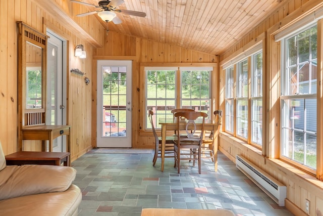 sunroom / solarium featuring a baseboard heating unit, wooden walls, lofted ceiling, and wood ceiling