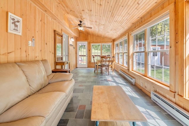 interior space with lofted ceiling, plenty of natural light, wooden walls, a baseboard heating unit, and a baseboard radiator