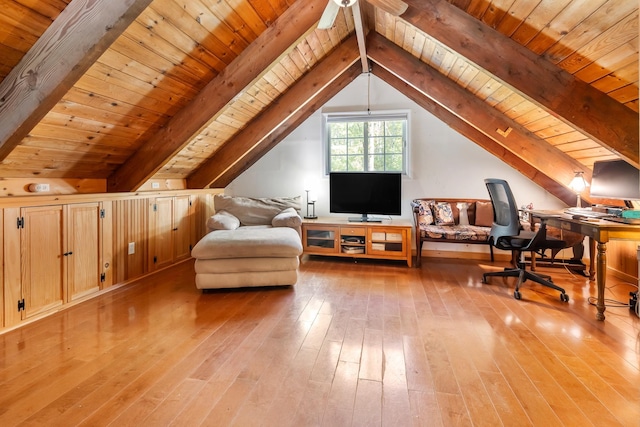 interior space with hardwood / wood-style floors, vaulted ceiling with beams, wooden ceiling, and a ceiling fan