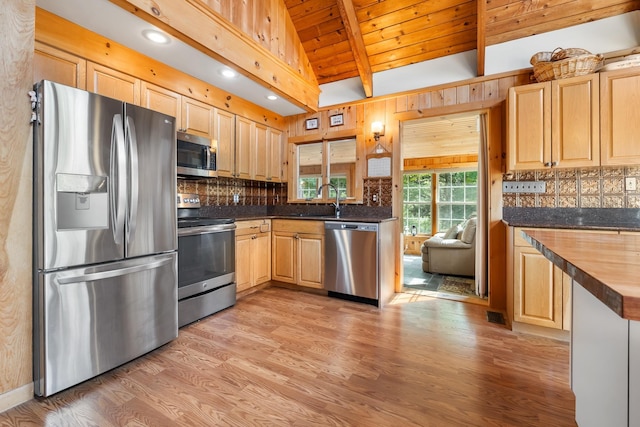 kitchen featuring wooden ceiling, appliances with stainless steel finishes, tasteful backsplash, and light wood-style flooring