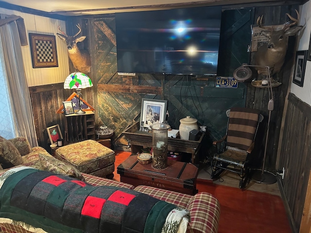 living room featuring wooden walls