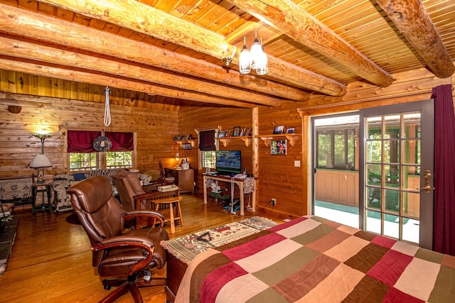 359 Gold Coast Dr, Wakefield, NH 03830 - bedroom featuring beamed ceiling, wooden ceiling, wood finished floors, access to outside, and wood walls