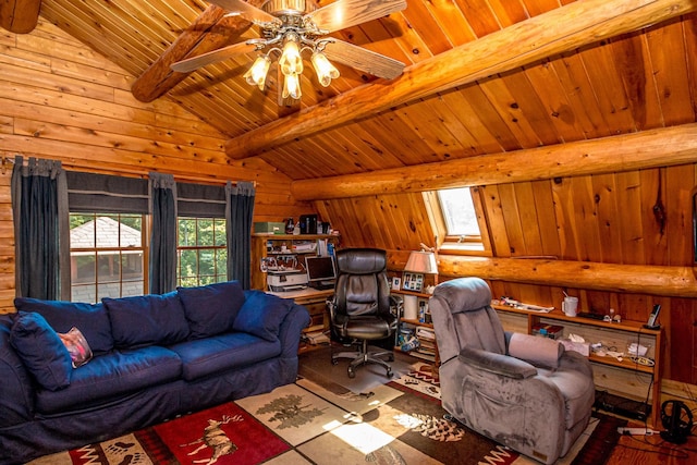 359 Gold Coast Dr, Wakefield, NH 03830 - office with plenty of natural light, wood-type flooring, wooden ceiling, wood walls, and a ceiling fan