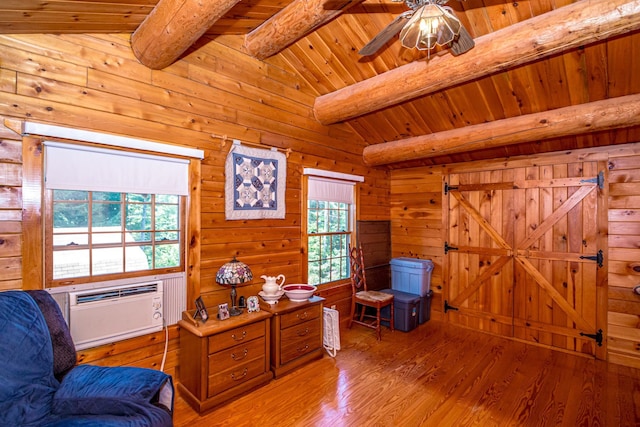 359 Gold Coast Dr, Wakefield, NH 03830 - sitting room featuring wood finished floors, wooden ceiling, ceiling fan, cooling unit, and wooden walls