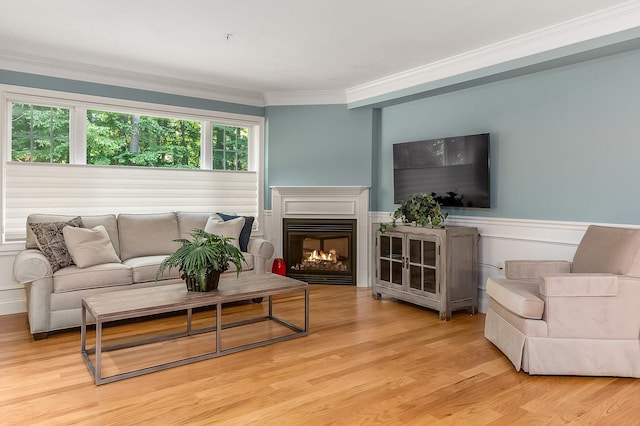 living room with ornamental molding and light hardwood / wood-style floors