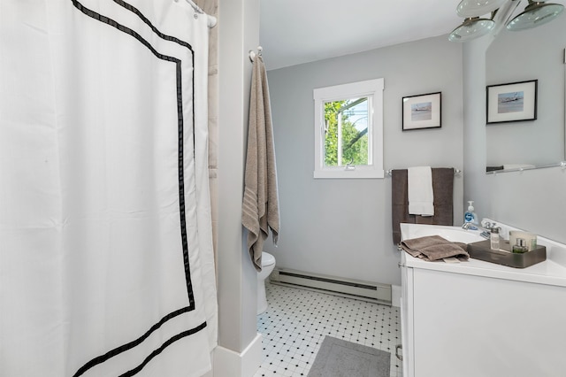 bathroom featuring a baseboard heating unit, curtained shower, vanity, and toilet