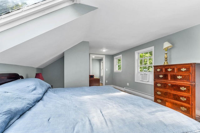 bedroom with cooling unit, lofted ceiling, and baseboard heating