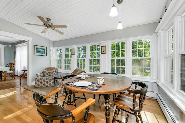 interior space featuring a baseboard heating unit, lofted ceiling, light wood-type flooring, and a healthy amount of sunlight