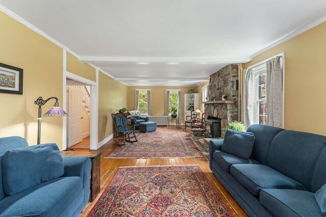 living room featuring a stone fireplace, hardwood / wood-style flooring, radiator, and ornamental molding