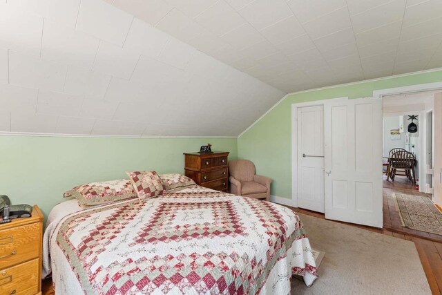 bedroom featuring wood-type flooring and lofted ceiling