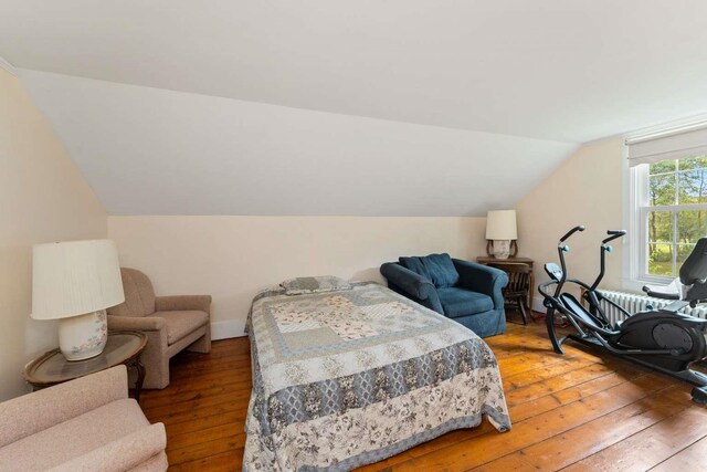 bedroom with lofted ceiling and hardwood / wood-style flooring