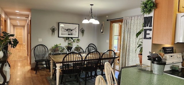 dining space featuring hardwood / wood-style floors and a chandelier