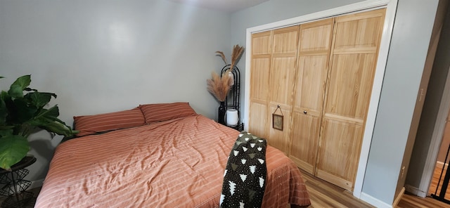 bedroom featuring light wood-type flooring and a closet