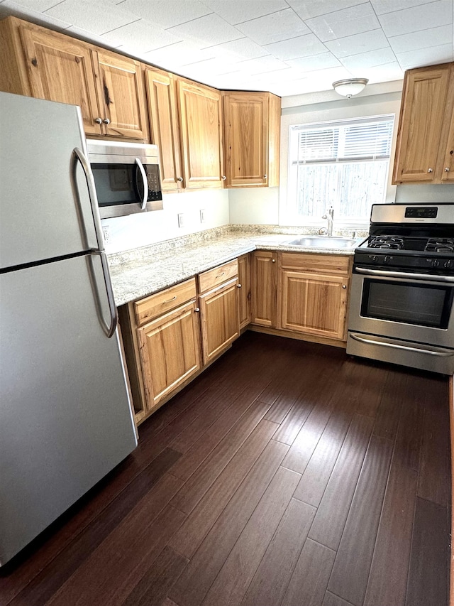 kitchen featuring light stone counters, sink, stainless steel appliances, and dark wood-type flooring