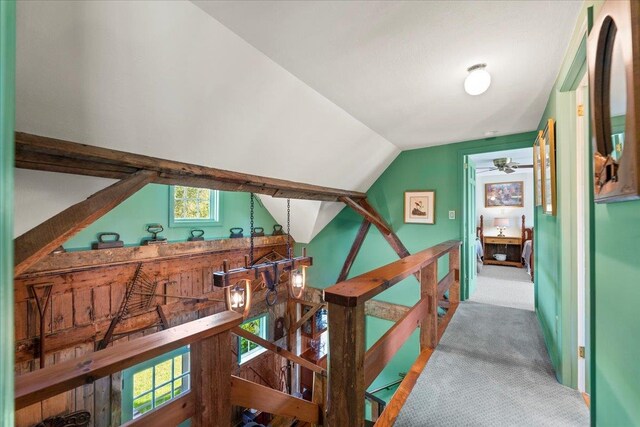 stairs featuring carpet floors, plenty of natural light, and vaulted ceiling