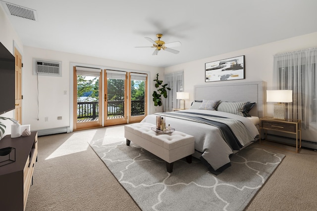 carpeted bedroom with access to outside, an AC wall unit, and ceiling fan