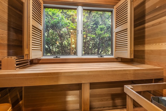 view of sauna / steam room featuring wooden walls and a healthy amount of sunlight