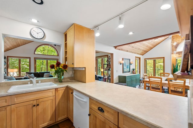 kitchen featuring kitchen peninsula, plenty of natural light, lofted ceiling, and sink