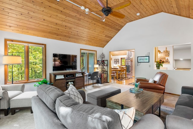 carpeted living room with high vaulted ceiling, ceiling fan, and wood ceiling