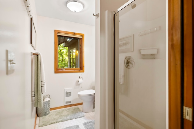 bathroom with walk in shower, tile patterned floors, toilet, and heating unit