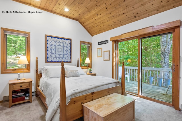 bedroom with access to exterior, light carpet, vaulted ceiling, and wood ceiling