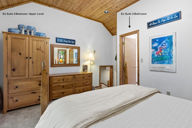 bedroom with wood ceiling, light carpet, and lofted ceiling