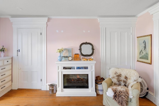 living area featuring a textured ceiling, light wood-type flooring, and ornamental molding