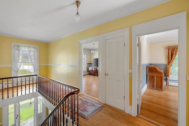 hall featuring ornamental molding, light hardwood / wood-style floors, and a baseboard heating unit