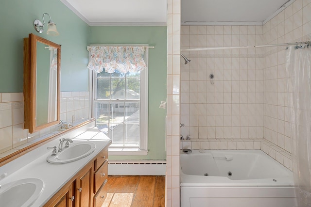 bathroom featuring wood-type flooring, vanity, ornamental molding, and a healthy amount of sunlight