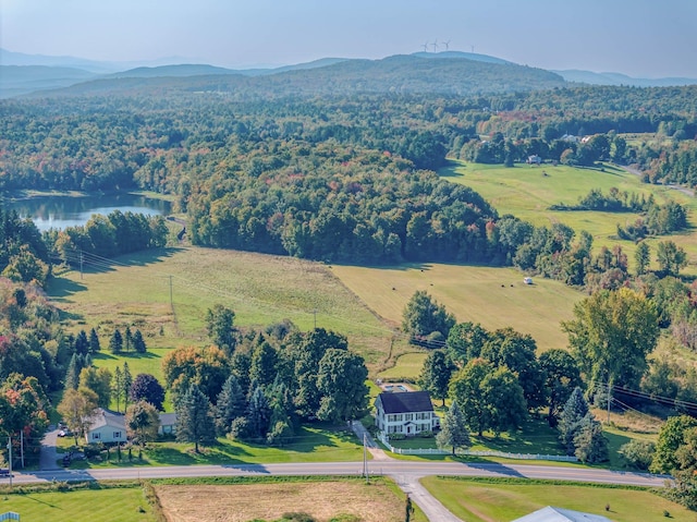 drone / aerial view featuring a water and mountain view and a rural view