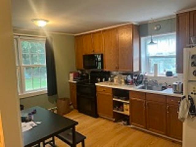 kitchen with black appliances, light hardwood / wood-style floors, and pendant lighting