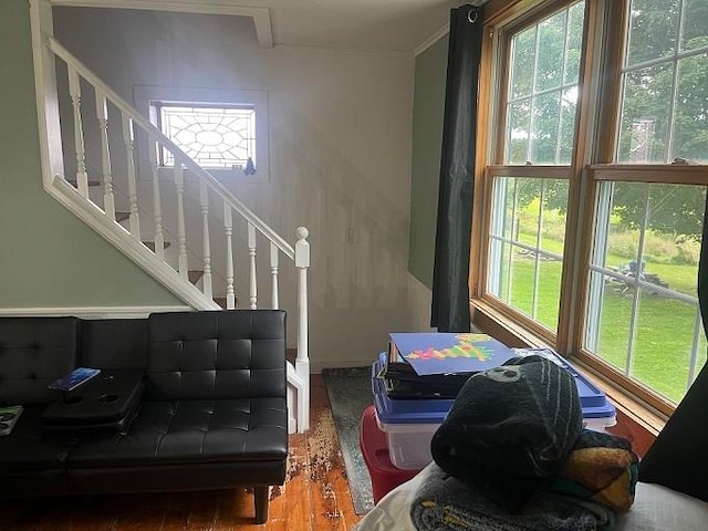 living room featuring crown molding and hardwood / wood-style floors