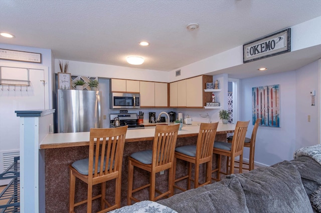 kitchen with a peninsula, recessed lighting, light countertops, and stainless steel appliances