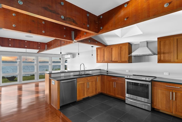 kitchen featuring pendant lighting, dark wood-type flooring, sink, wall chimney exhaust hood, and stainless steel appliances