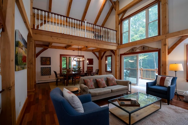 living room featuring an inviting chandelier, hardwood / wood-style floors, a baseboard radiator, and high vaulted ceiling