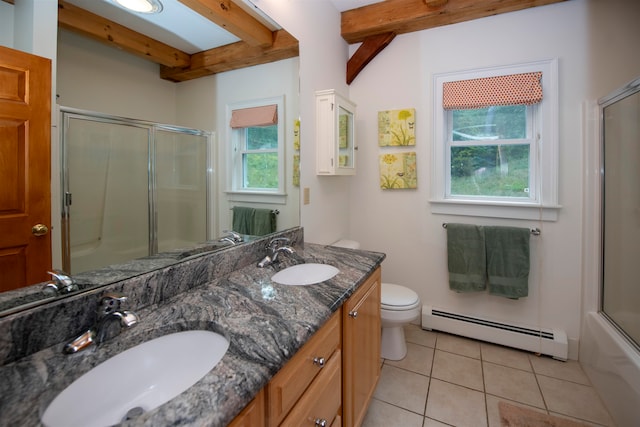 bathroom with vanity, beamed ceiling, toilet, a baseboard radiator, and tile patterned flooring