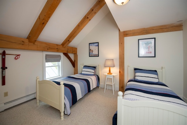 carpeted bedroom with lofted ceiling with beams and baseboard heating