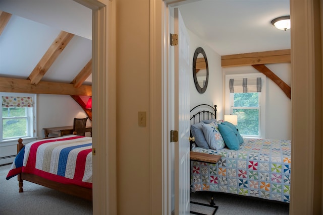 bedroom featuring lofted ceiling with beams, carpet, multiple windows, and baseboard heating