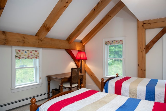 bedroom featuring multiple windows, lofted ceiling with beams, and baseboard heating