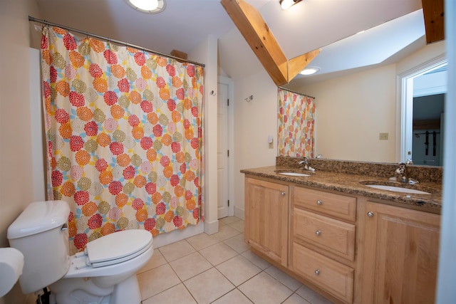 bathroom featuring tile patterned flooring, vanity, toilet, and a shower with shower curtain