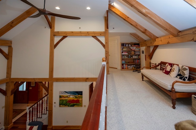 interior space featuring vaulted ceiling with beams