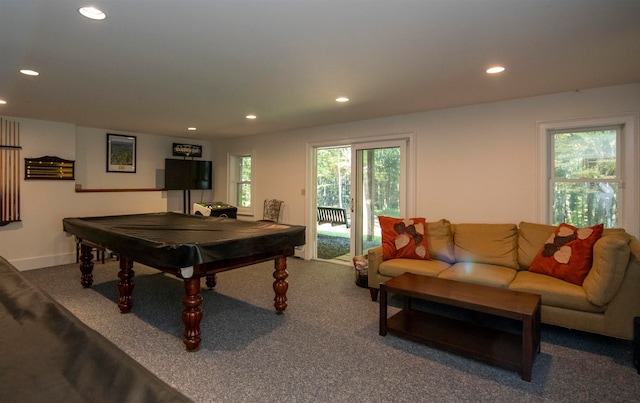 recreation room featuring pool table and carpet