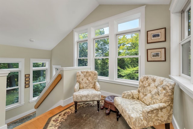 sitting room featuring vaulted ceiling, hardwood / wood-style floors, and a healthy amount of sunlight