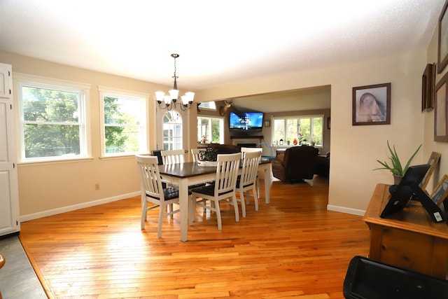 dining room with light hardwood / wood-style flooring, a chandelier, and a healthy amount of sunlight