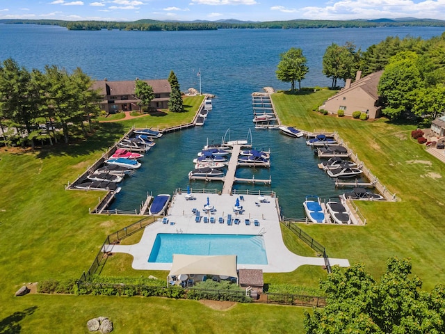 drone / aerial view with a water view