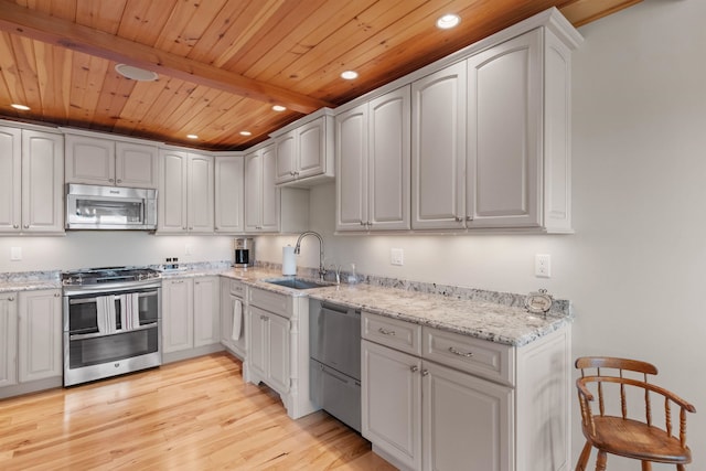 kitchen with sink, white cabinetry, beam ceiling, light hardwood / wood-style flooring, and stainless steel appliances