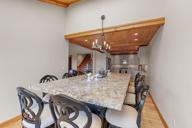 dining room with wooden ceiling, light wood-type flooring, and an inviting chandelier