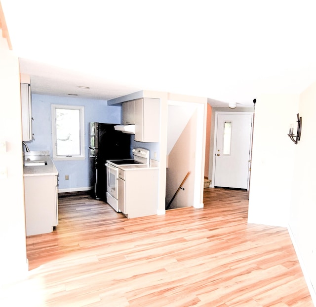 kitchen featuring light hardwood / wood-style flooring, sink, range hood, and white range with electric cooktop